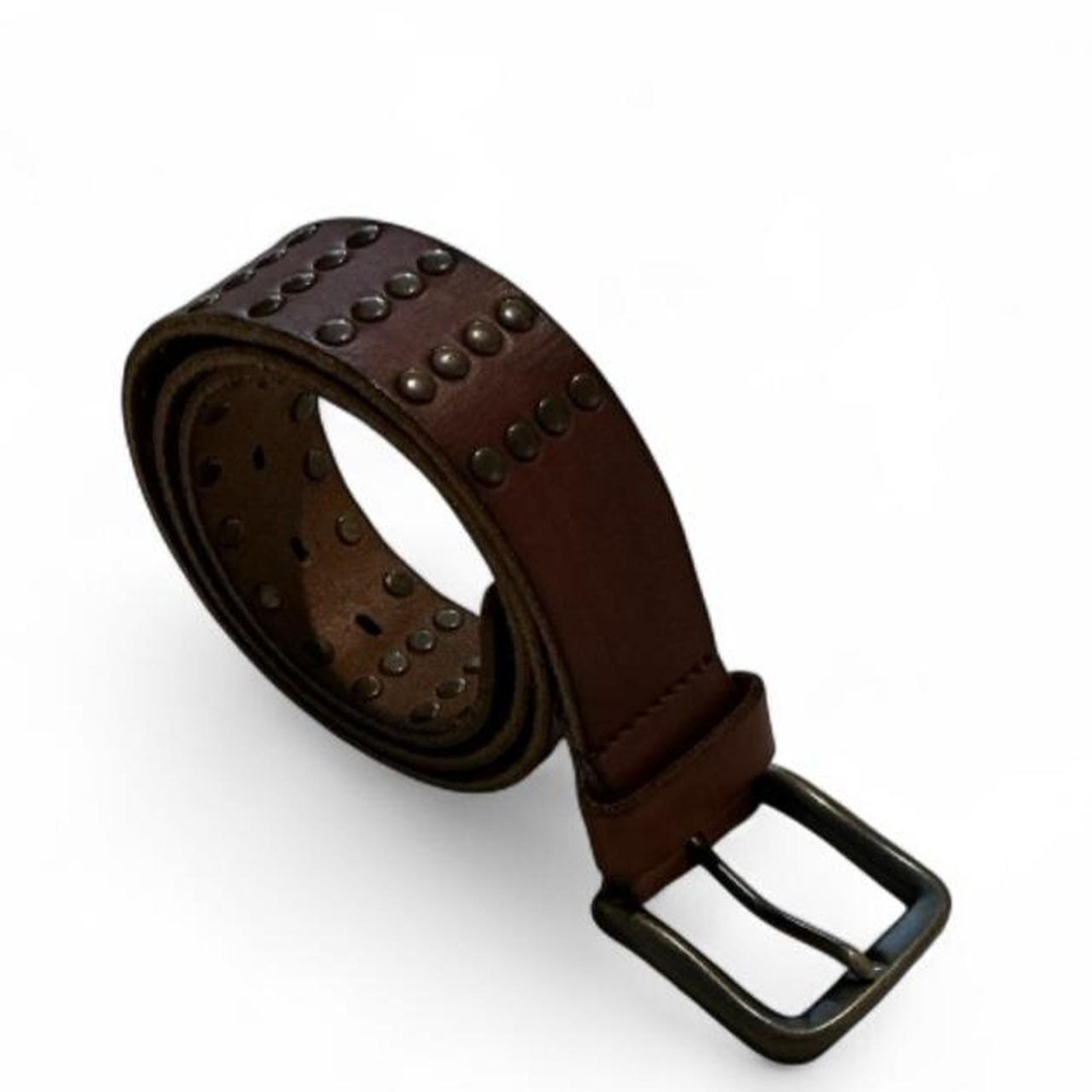 Fossil Studded Leather Belt Mens 40 inches Brown Solid Brass 4-Row Moto